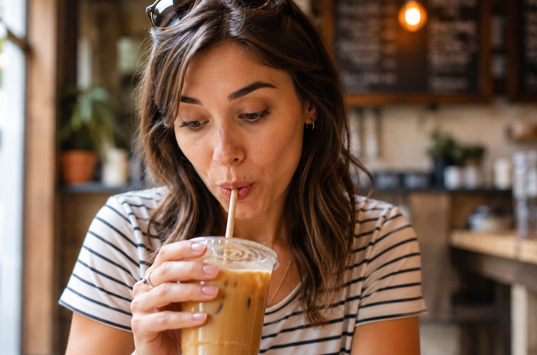 Person drinking a cold beverage through a straw, moment before brain freeze sets in