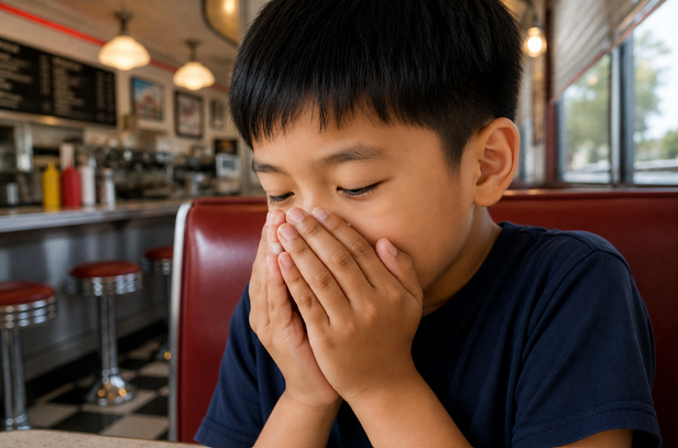 Child breathing warm air into cupped hands to relieve brain freeze