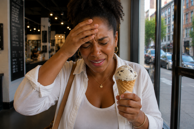 Person wincing from brain freeze while eating ice cream, holding forehead
