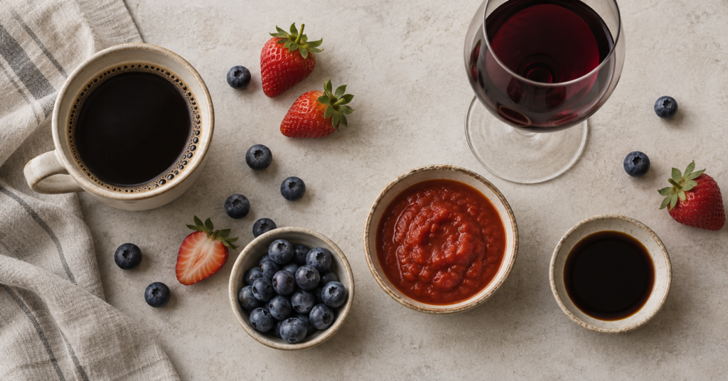 Coffee, red wine, and berries, examples of foods to avoid when whitening your teeth