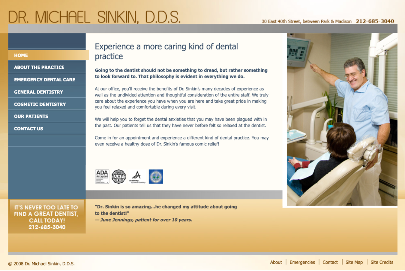 Dr. Michael Sinkin's first website from 2009 featuring 'A More Caring Kind of Dental Practice' tagline
