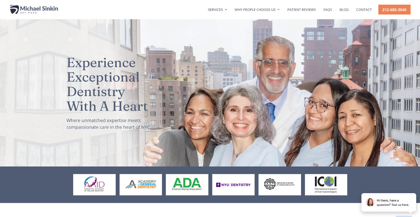 Dr. Michael Sinkin's 2025 website homepage featuring 'Experience Exceptional Dentistry With A Heart' tagline