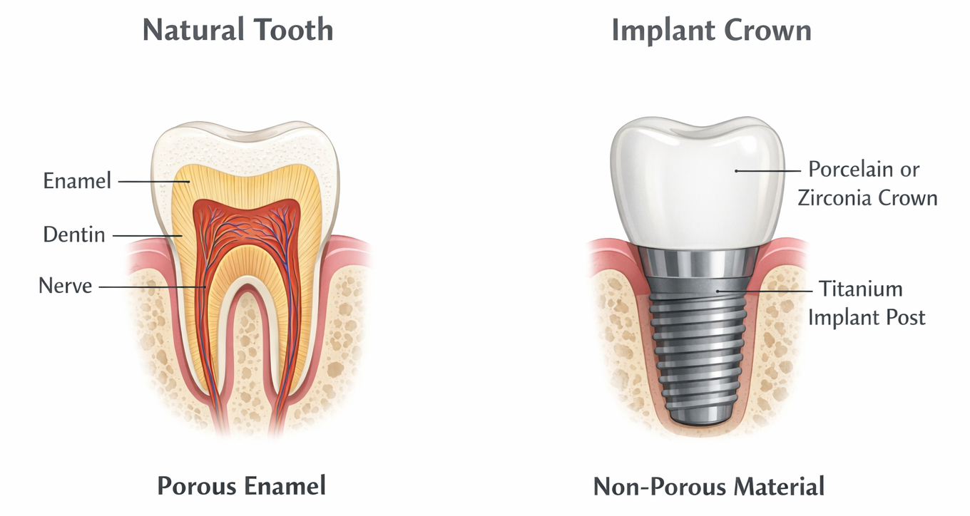 Side-by-side diagram comparing porous natural tooth enamel and non-porous porcelain or zirconia dental implant crown