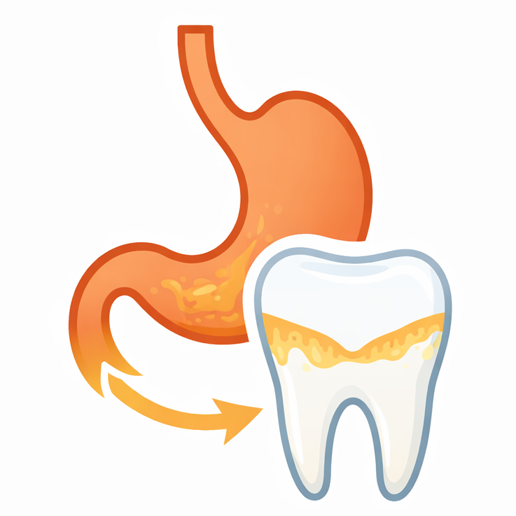 Medical icon showing stomach acid affecting tooth enamel.