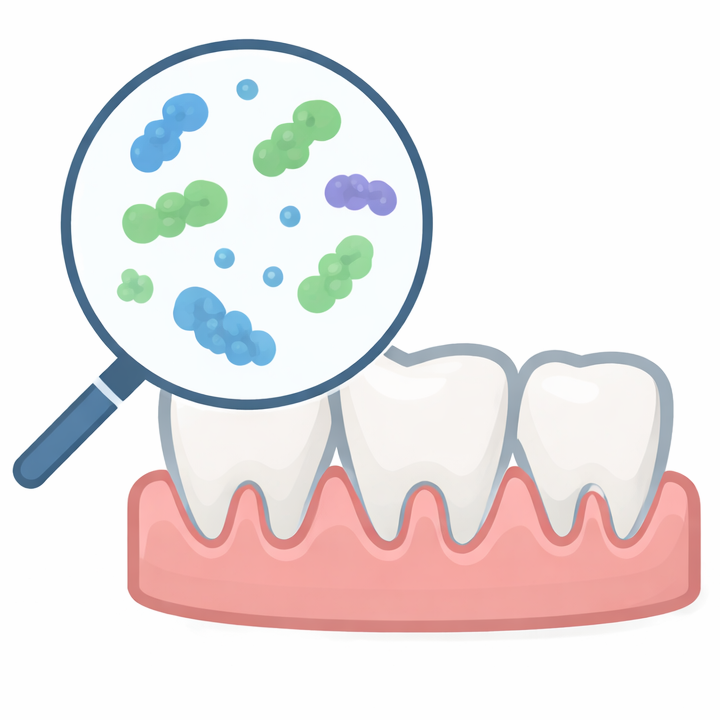 Dental icon showing bacteria under magnification on teeth and gums.