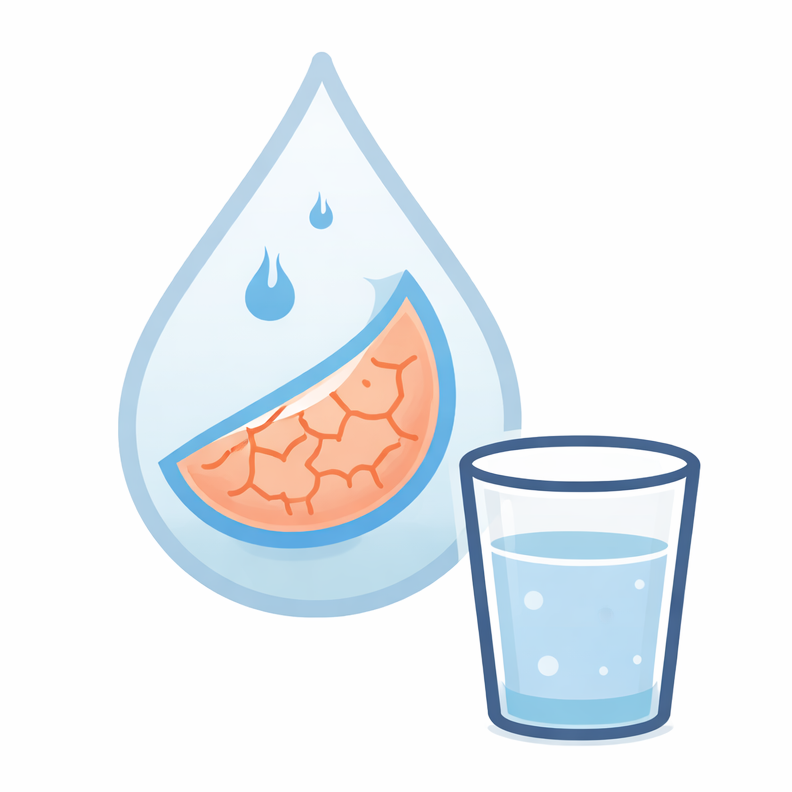 Icon representing dry mouth and dehydration with water droplet and glass.