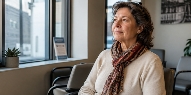 Woman in dental waiting room looking thoughtful and slightly anxious about whether it’s too late to fix her teeth
