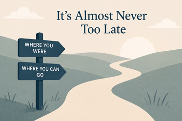 Illustration of a winding path with signpost reading where you were and where you can go, symbolizing hope for fixing teeth