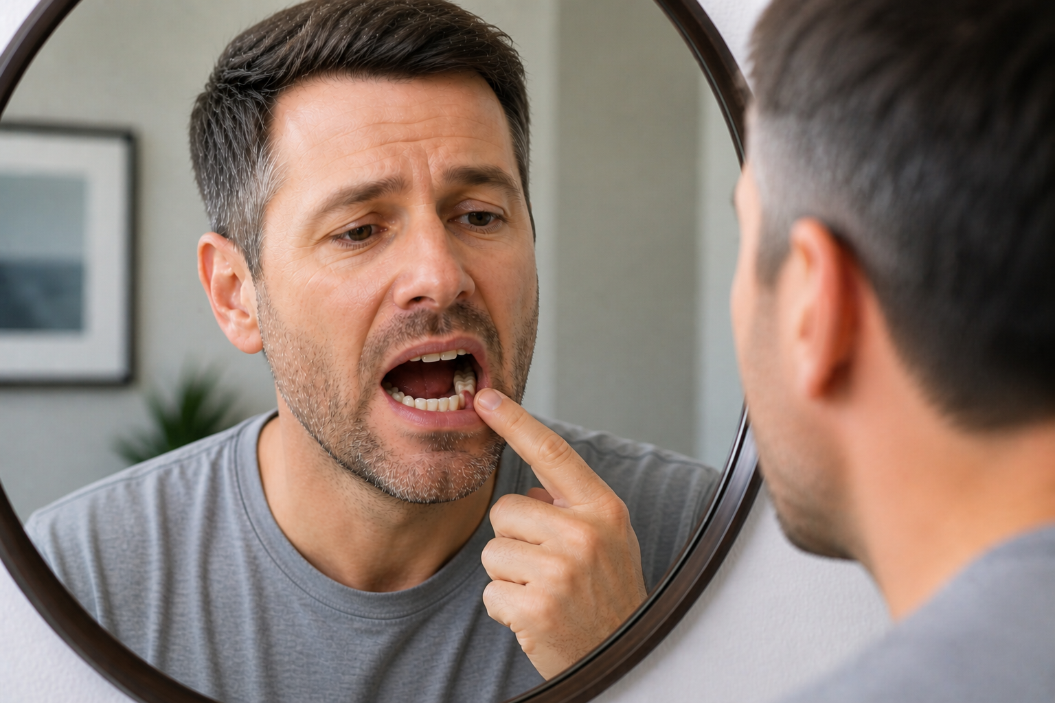 Man examining his mouth in a bathroom mirror, noticing a missing tooth