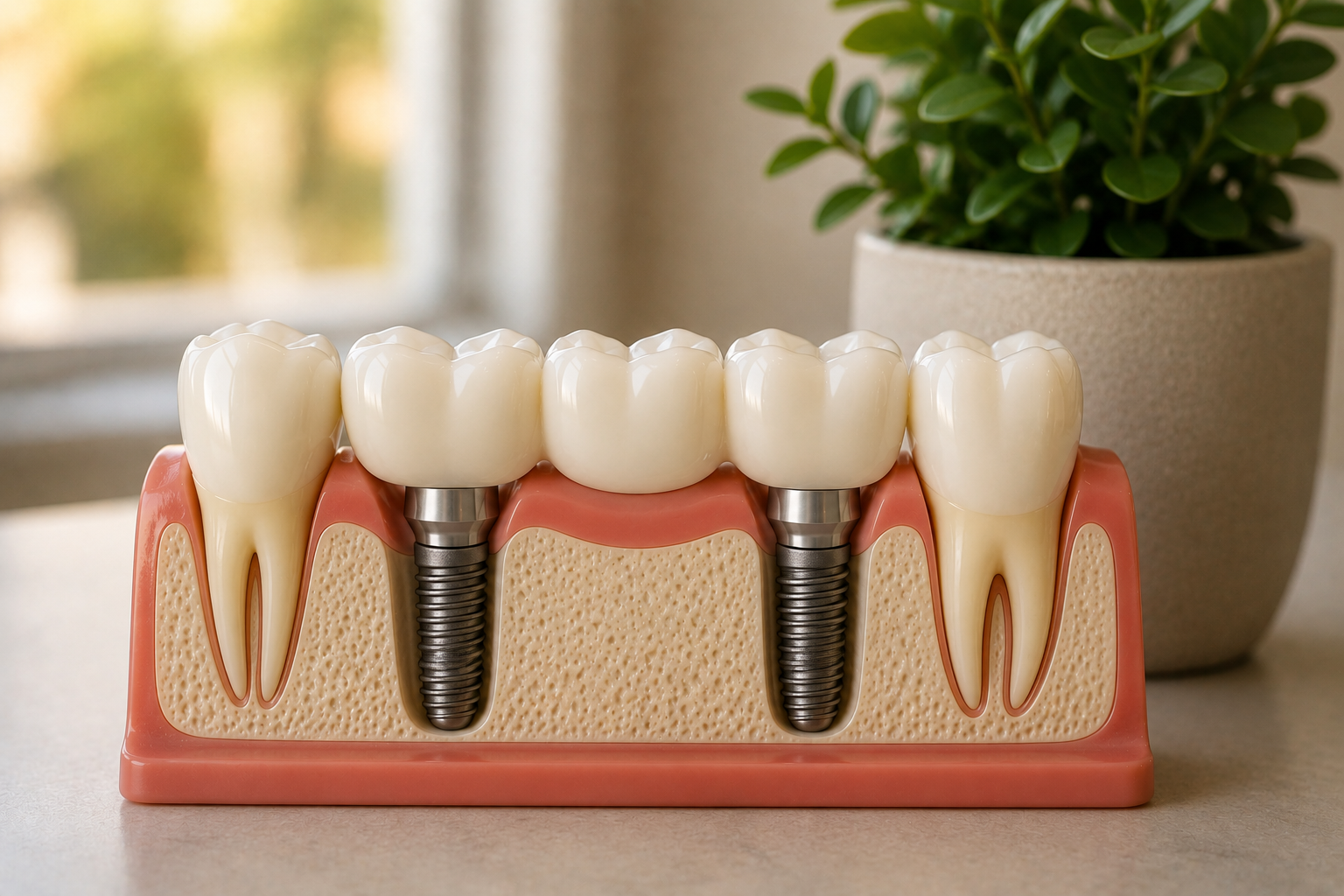 Diagram showing how an implant supports a dental crown or bridge