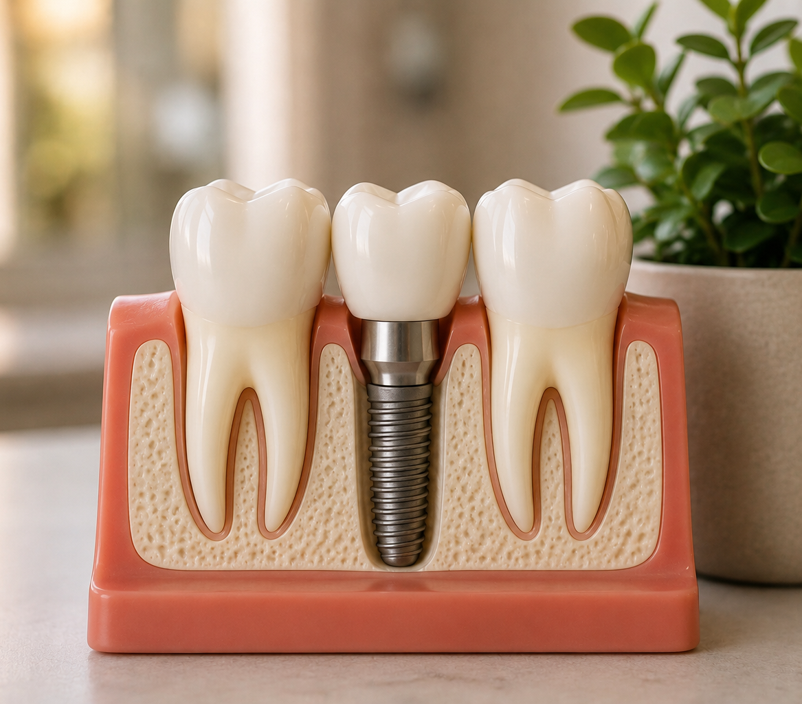 Dental implant model showing titanium post and crown, Manhattan dental office"