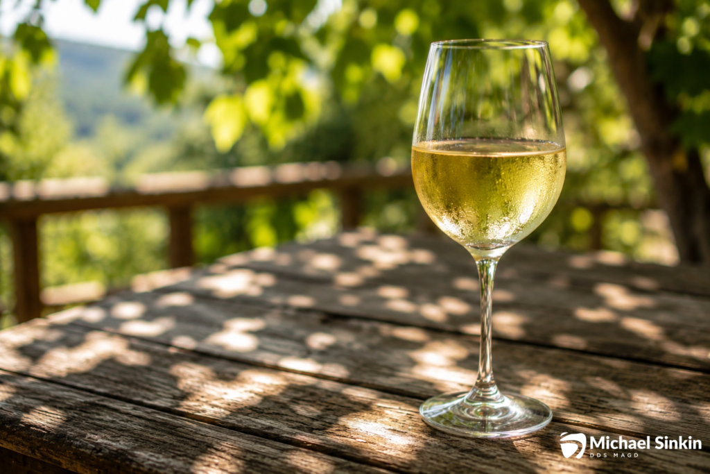 A glass of white wine on a rustic outdoor table in summer sunlight — white wine affects tooth enamel even without visible staining.