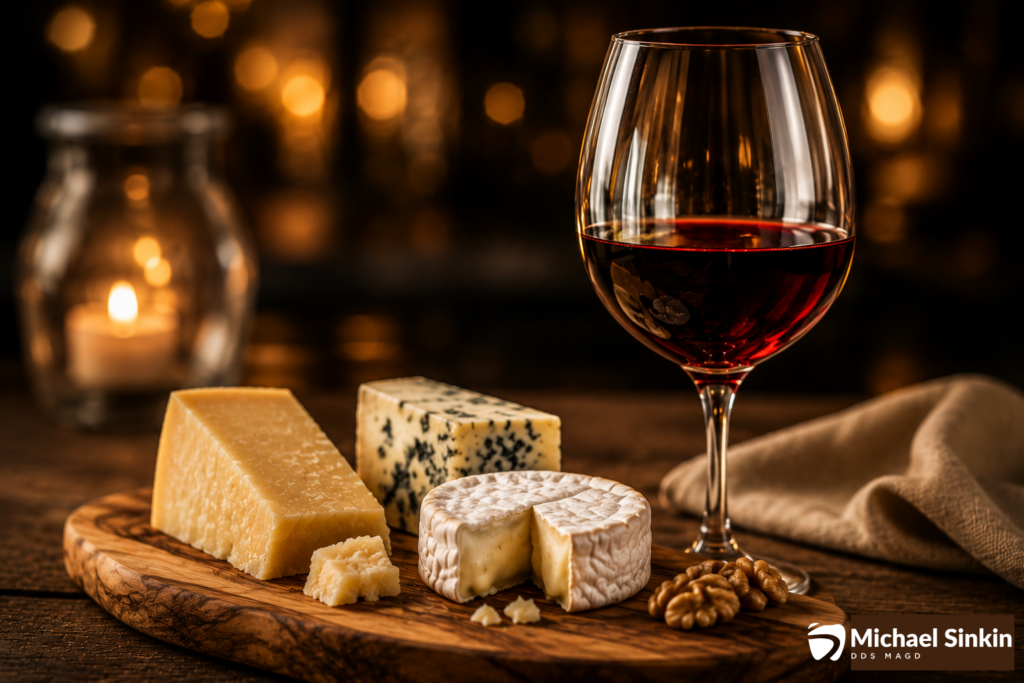A glass of red wine with a cheese board — eating cheese with wine helps buffer acidity and protect teeth from staining.