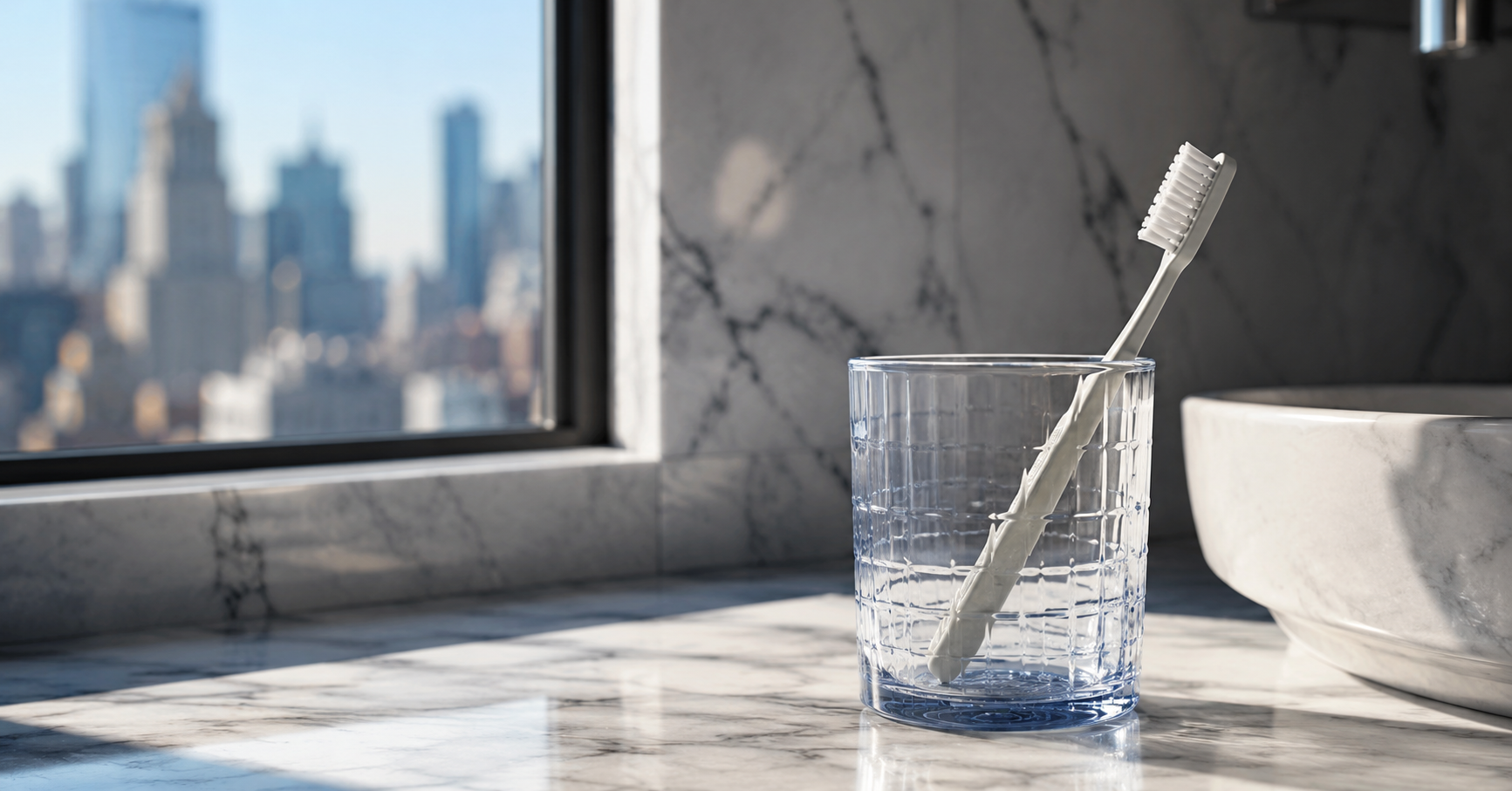 Toothbrush, Floss and glass of water on a bathroom counter, representing the daily brushing routine linked to bleeding gums