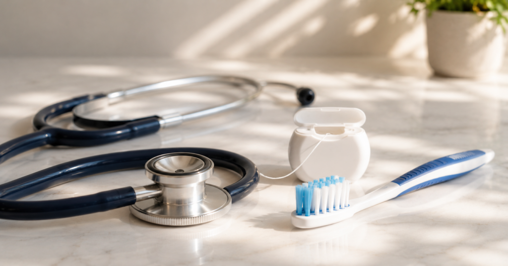Stethoscope, dental floss, toothbrush side by side, representing the connection between gum disease and chronic inflammation