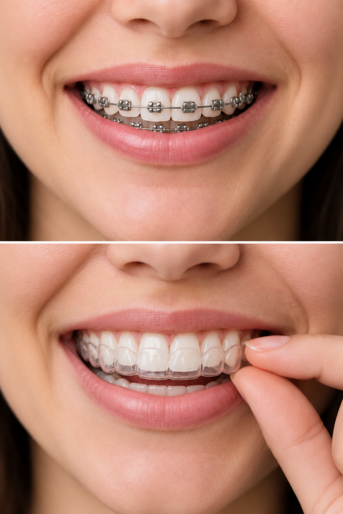 Close-up comparison of traditional metal braces and Invisalign clear aligners for straightening teeth.