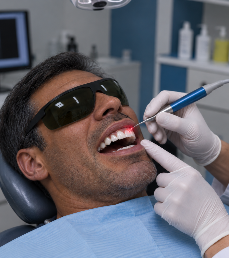 Dentist using a soft tissue laser to perform gum contouring on a patient in a Manhattan dental office