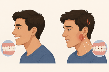 Illustration showing a side profile comparison of a normal bite and a misaligned bite affecting the jaw