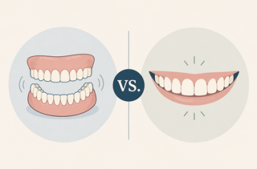 Simple graphic showing dentures compared to a natural healthy smile, illustrating different options for replacing missing teeth