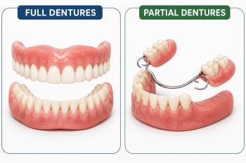 Side-by-side illustration comparing full dentures and partial dentures with a complete arch and a partial tooth replacement.